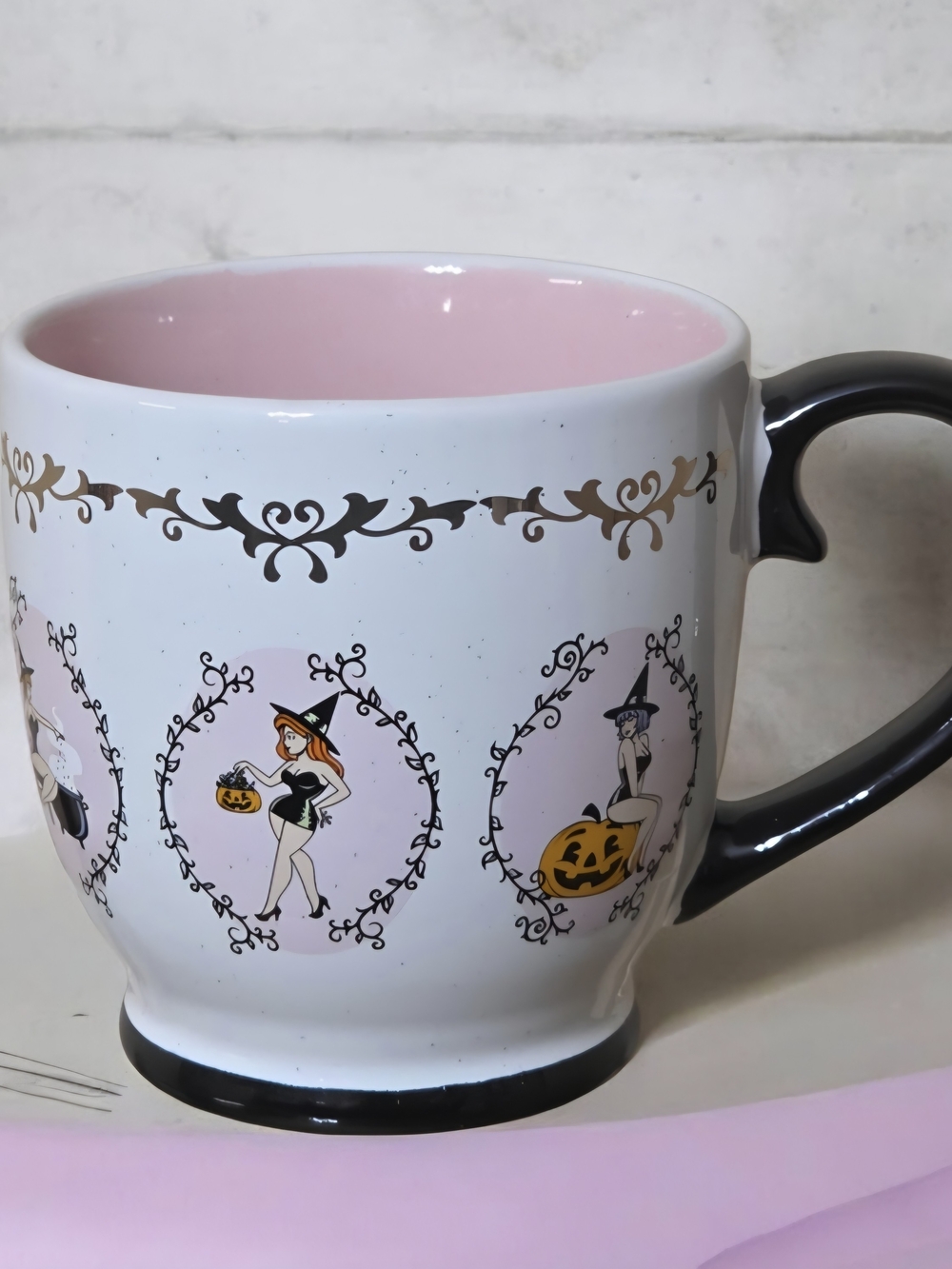 Halloween Vintage Inspired Witch Ceramic Mug with Pink Interior